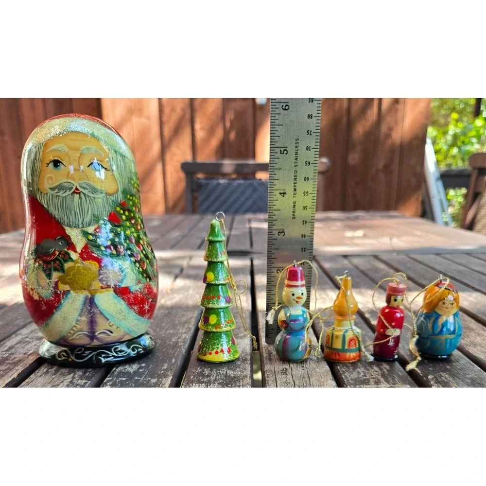 Vintage G. DeBrekht Russian Santa Nesting Doll Set 5 Wooden Christmas Ornaments